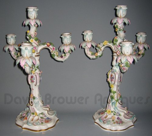 Pair of Meissen floral encrusted candelabra