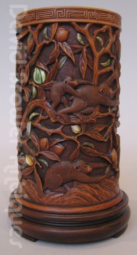 Japanese wooden brushpot decorated in monkeys and foliage