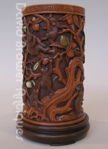 Japanese wooden brushpot decorated in monkeys and foliage
