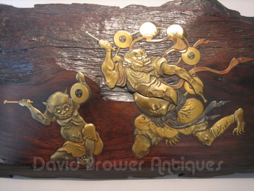 Japanese wooden pannel with fine lacquer decoration of  Oni