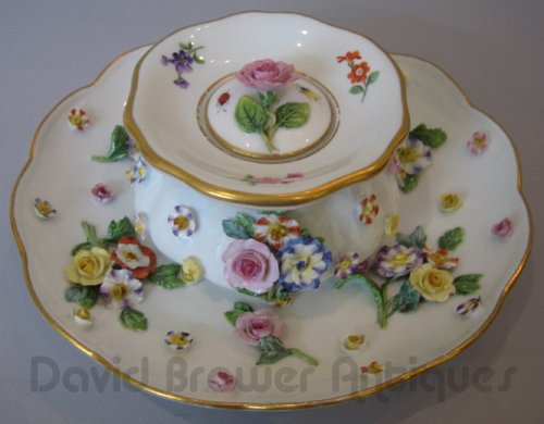 Meissen floral encrusted inkwell and stand